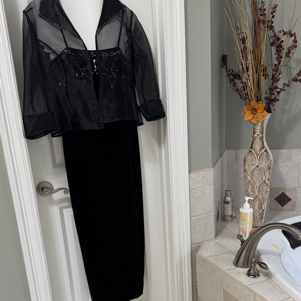 R&M Richards Black Velvet Maxi with Sheer Beaded Jacket